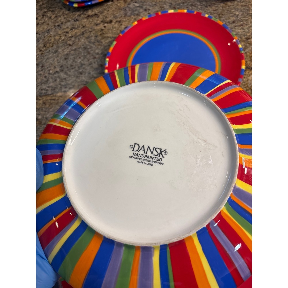 8 Dansk Caribe Antigua Striped Plates Set of 4 Dinner 4 Salad Blue Red Ceramic - Picture 8 of 8